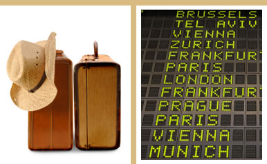 Suitcases and airport arrivals board photo montage