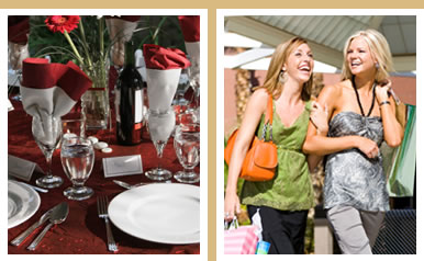 Photo montage of table set for special occasion and two people out shopping